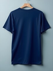 Navy blue t shirt back view on smooth background, showcasing wrinkle free design. Ideal for casual wear or promotional use