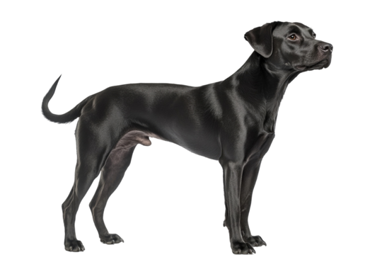 Black Labrador Retriever in a poised stance, showcasing its sleek coat and alert expression in a bright, neutral setting. on transparent background
