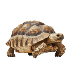 Close up shot of a tortoise with a patterned shell on black background