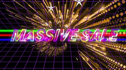 Neon-rainbow MASSIVE SALE text glitching, glowing and bursting with golden sparks over purple grid - Powered by Adobe