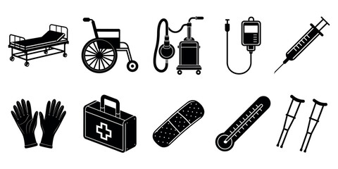 Essential Medical Equipment: A collection of vital medical tools and devices, including a hospital bed, wheelchair, IV bag, and more, essential for healthcare and patient care.