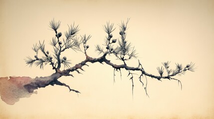 Fototapeta premium Botanical ink brush concept. Elegant branch with pine needles on a soft background.