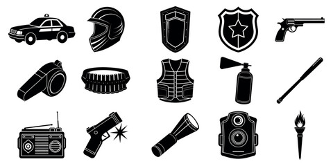 Law Enforcement Arsenal: A high-contrast, detailed illustration of essential tools, symbols, and equipment associated with law enforcement, conveying strength and authority. © Foysal