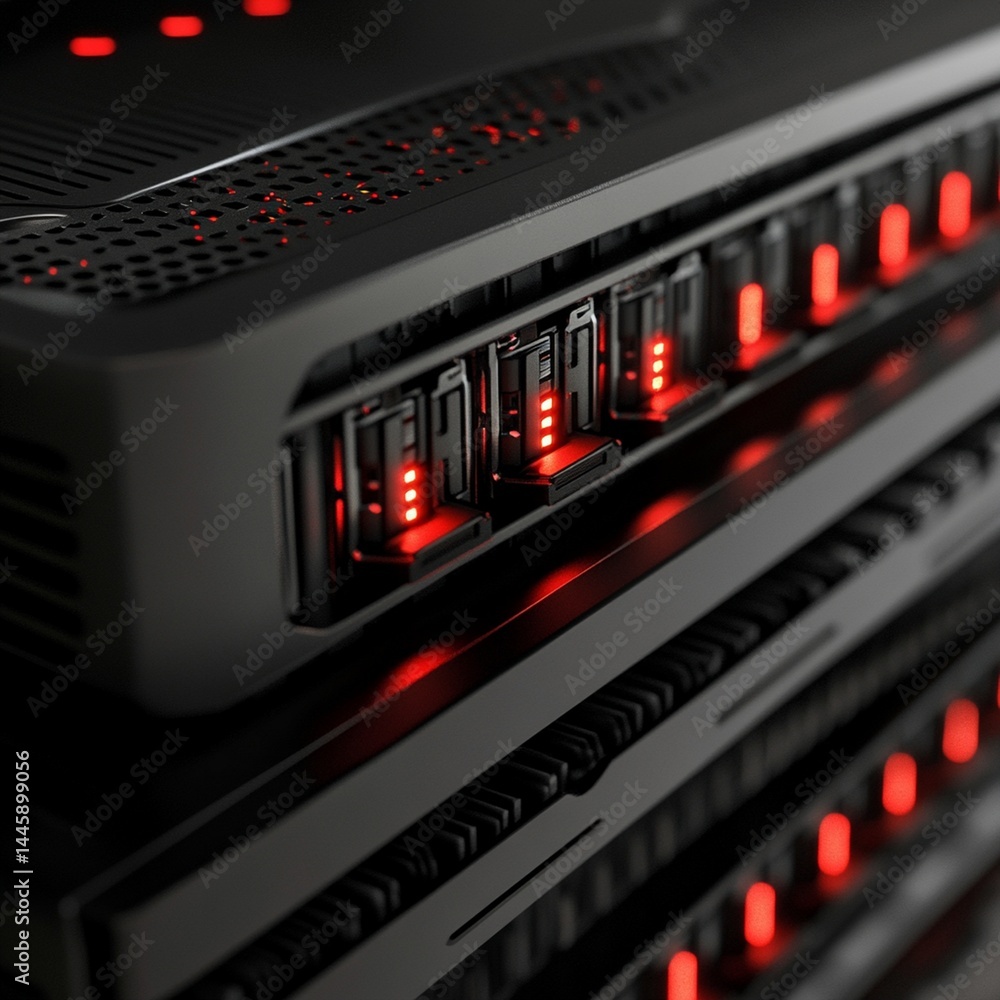 Poster futuristic server rack technology red lights digital data center web dark grid black power cloud