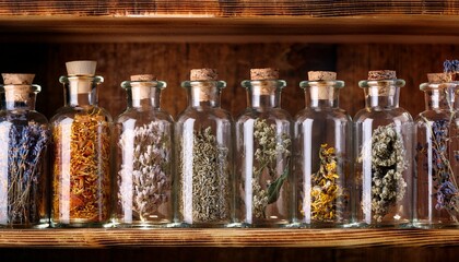 apothecary jars filled with dried herbs and flowers on wooden shelves