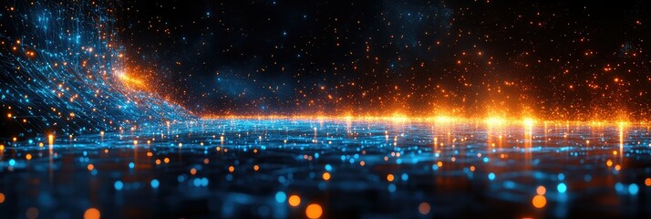 Glowing particle field landscape.