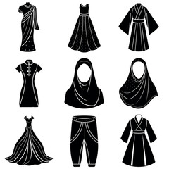 Fashion Silhouettes: An elegant array of monochrome fashion silhouettes, meticulously designed to showcase diversity in clothing from around the globe, reflecting a minimalist perspective.