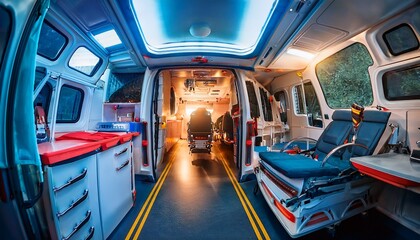 interior view of emergency medical vehicle inside ambulance equipped for rescue and first aid service