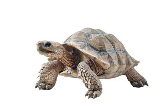 A close-up of a beautiful tortoise exploring its environment in a natural setting, showcasing its distinct shell and textured skin. on transparent background
