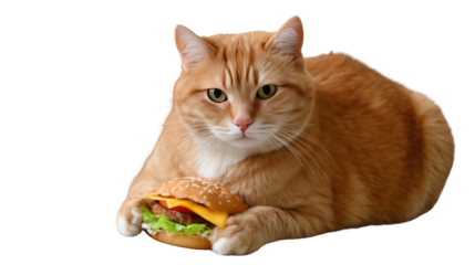 Cat and Burger: A charming ginger cat gazes directly, protectively cradling a delicious hamburger, a humorous and heartwarming visual of unexpected delight.