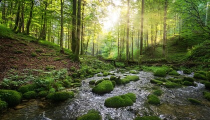 Obraz premium green forest in sunlight with forest stream