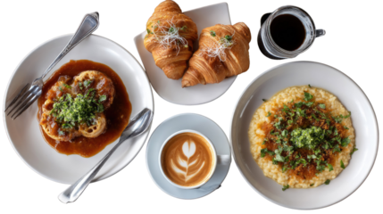 A Culinary Delight: A visually appealing breakfast spread, artfully arranged with a croissant, risotto, and beverage, each element exudes an invitation to savor every moment.