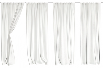 White sheer curtains with different drapery, semi-transparent alpha channel isolated on white background PNG