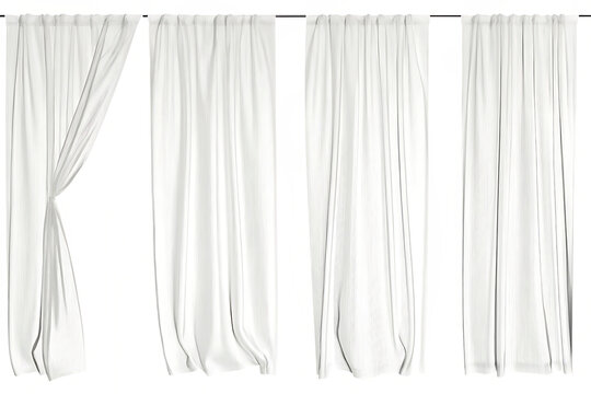 White sheer curtains with different drapery, semi-transparent alpha channel isolated on white background PNG