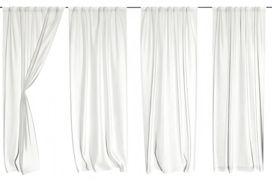 White sheer curtains with different drapery, semi-transparent alpha channel isolated on white background PNG