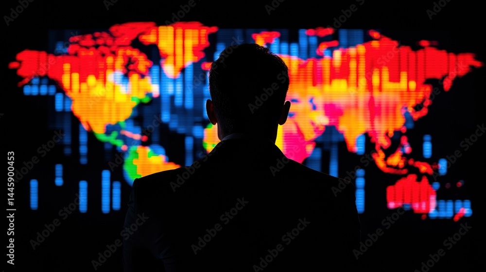 Poster a person observes a colorful digital world map with data visualizations on a dark background.