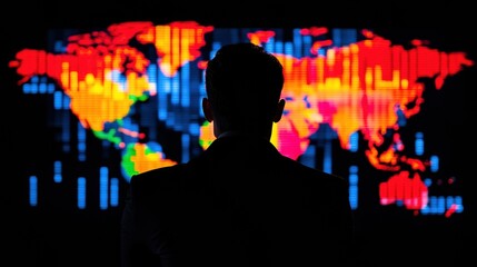 A person observes a colorful digital world map with data visualizations on a dark background.