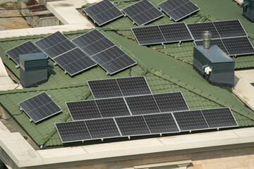 Solar panels on the roof of a suburban house