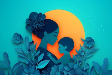 Tender embrace of a mother and child, depicted in paper art style.