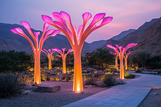 Glowing tree like structures growing an artificial desert ecosystem bioengineered plants adapted to extreme conditions futuristic desert agriculture