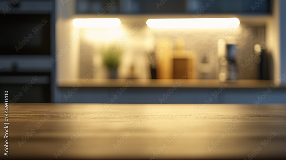 Poster modern kitchen countertop display blurred back lighting for product mockups and backgrounds