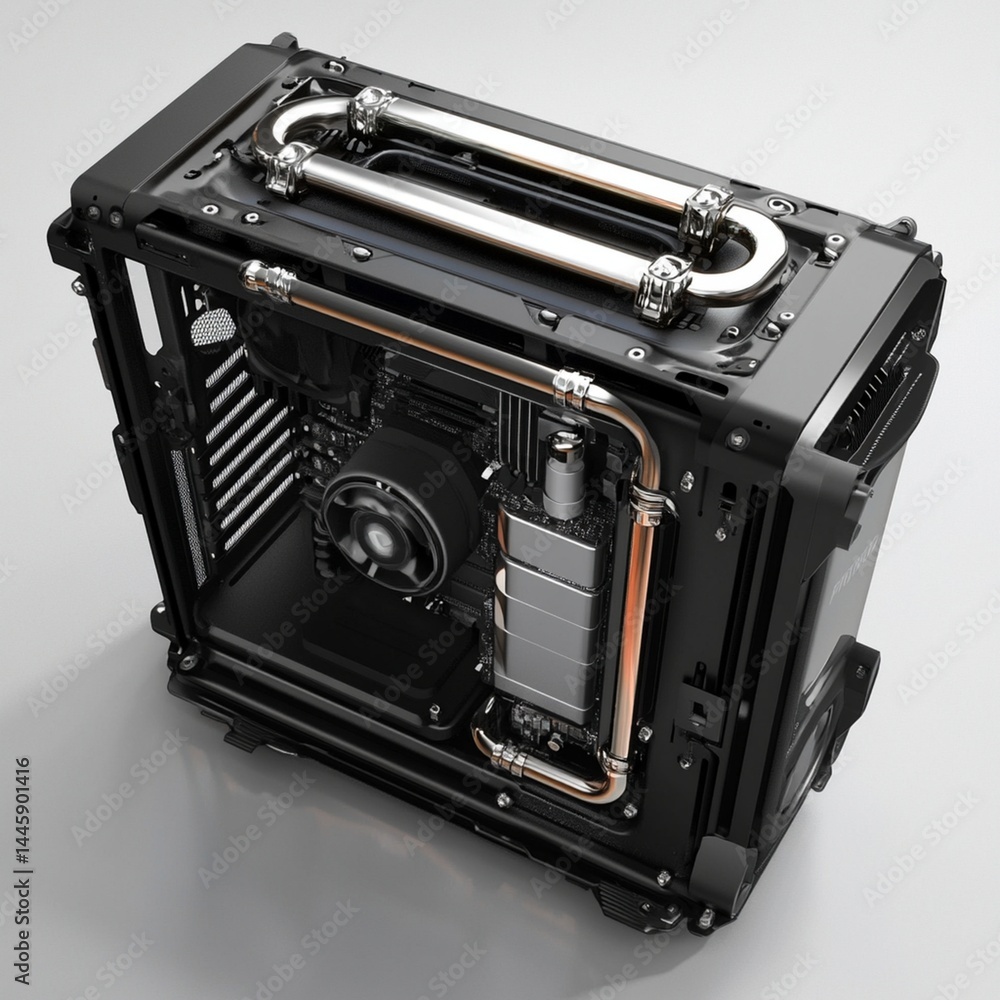 Poster Sleek Black PC Case Custom Water Cooling System Modern Design High End Gaming Computer Components   