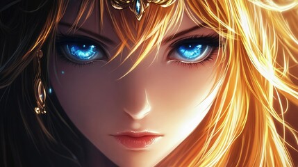 Fototapeta premium Enchanting Eyes Of A Golden-Haired Goddess. Fantasy Art With Mesmerizing Detail, Perfect For Mystical Projects.