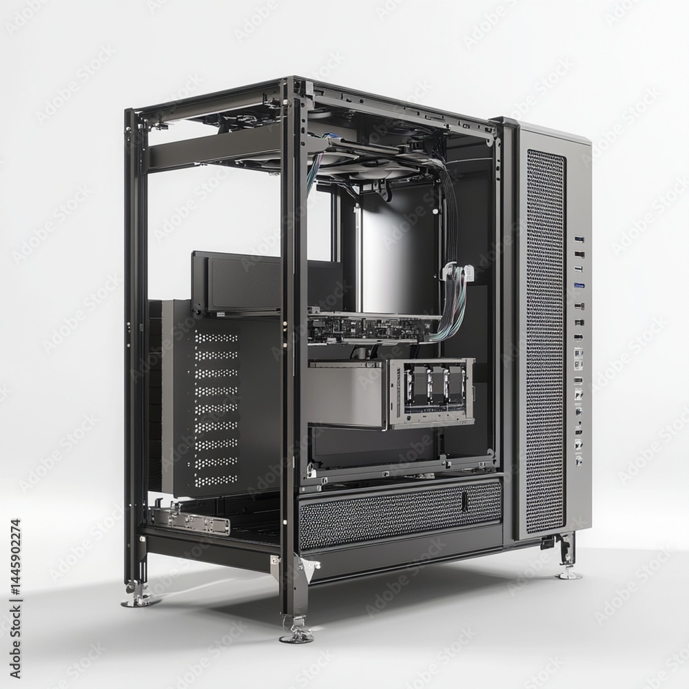 Poster modern sleek black computer case chassis open view detailed high quality render technology pc 3d