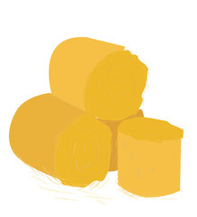 straw bales round hay. Rolled haycock. Agricultural straw stack,