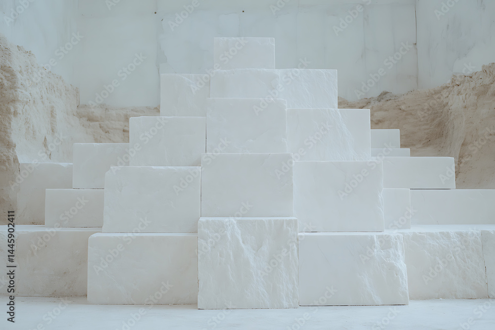 Poster minimalist abstract composition of white stone blocks forming a pyramid-like structure in a monochro