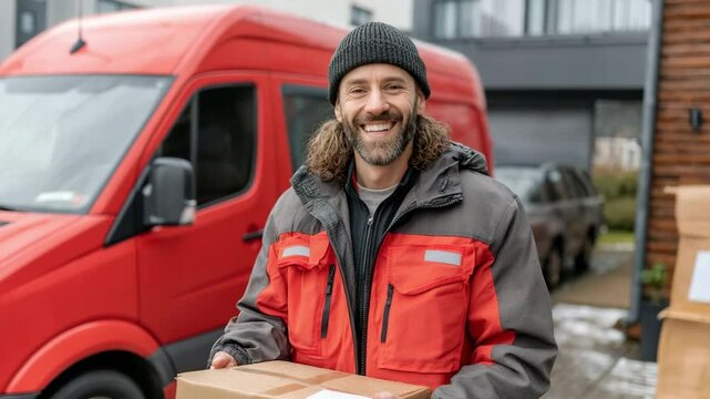 A happy delivery worker holding a cardboard box next to a vehicle,  symbolizes dependable logistics and shipping services.