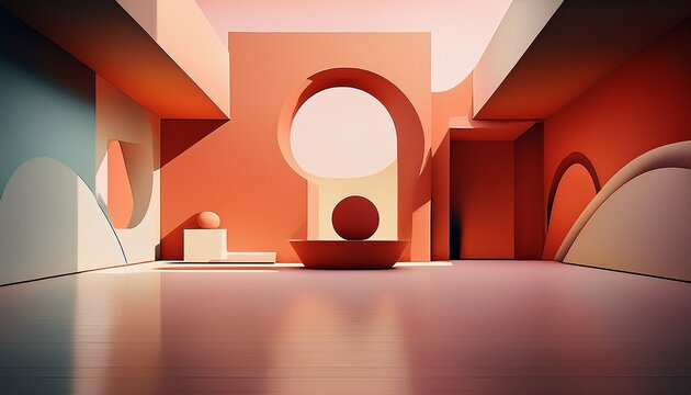 expansive minimalist abstract interior with geometric patterns and restrained color tones