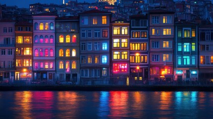 Vibrant night scene of colorful buildings reflecting on water.