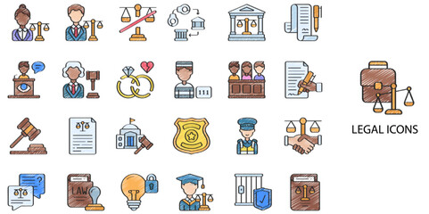 Legal simple concept 24 hand drawn color icons set. Contains such justice, philosophy, honesty, value, assessment, virtue .Vector illustration.