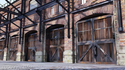 Facade of an old brick building with large wooden doors and metal beams in an urban environment