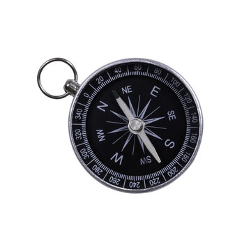 Classic round compass in metal case top view on transparent background