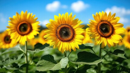 Obraz premium Three Vibrant Yellow Sunflowers in Full Bloom Against a Clear Blue Sky in a Field of Green Leaves