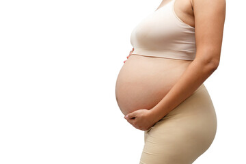 Portrait of a pregnant woman touching her big belly close up, mother, pregnancy, people and expectation. Woman holding big pregnant stomach
