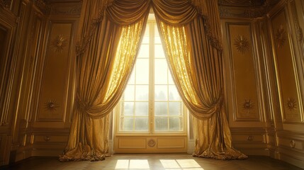 A sunlit room with golden drapes framing a large window, creating an elegant atmosphere.