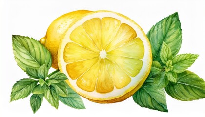 lemon and mint leaves fruits and peppermint on isolated white background botanical illustration watercolor painting