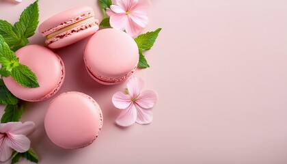 pink macarons with flowers and mint leaves on a pastel background