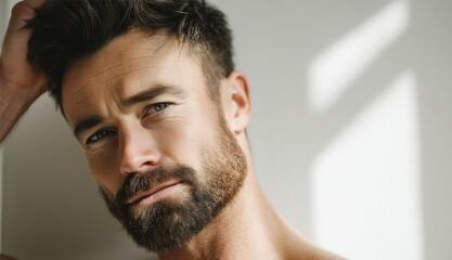 Portrait of a handsome, muscular man with a beard touching his face and looking at the camera against a white wall