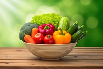 Fresh vegetables in a bowl on a natural wooden surface, highlighting organic produce.