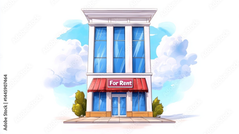 Poster modern building with large windows and red awning under blue sky and fluffy clouds