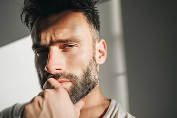 Portrait of a handsome, muscular man with a beard touching his face and looking at the camera against a white wall