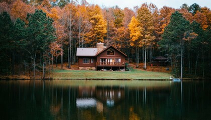 Fototapeta premium Fall cabin by the lake