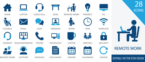 A modern and clean icon set representing remote work and virtual office concepts. Includes icons for video conferencing, laptops, time tracking, online communication, document sharing, and remote coll