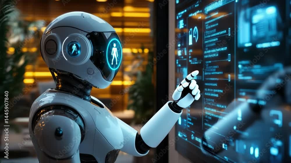 Poster futuristic automated robotics shopping assistant with holographic display in a modern minimalist hom