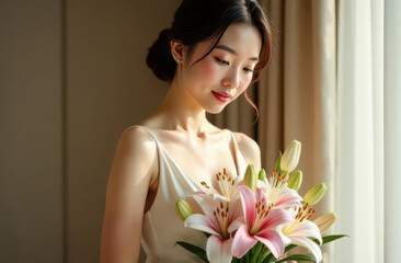 Singaporean woman standing in a modern minimal interior, gently embracing a bouquet of vibrant white and pink lilies. Mother's Day