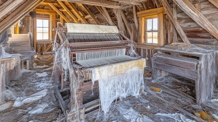 Obraz premium Abandoned attic loom covered in cobwebs